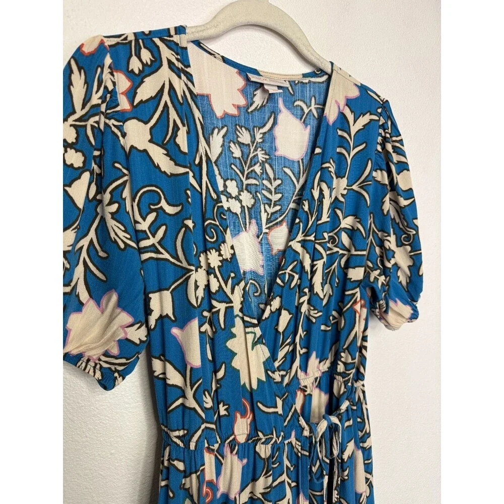 Knox Rose Small Wrap Midi Dress Blue White Ruffled Tiered Floral Short Sleeve